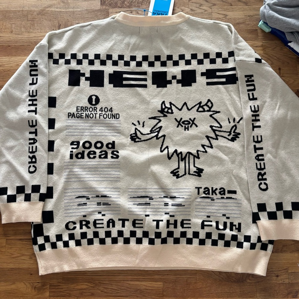 Taka Cream and Black Graphic Crewneck Sweater